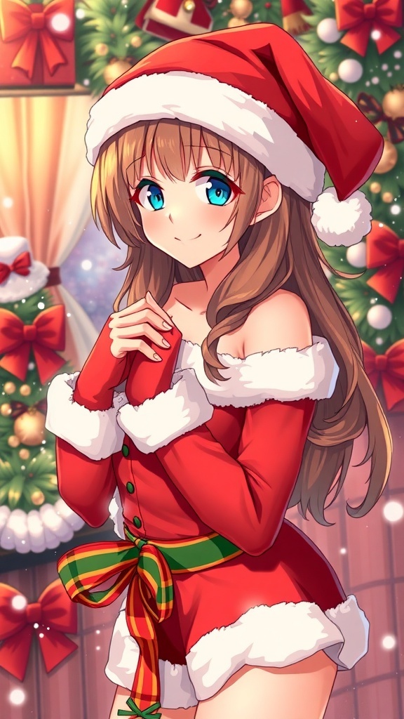 A pin-up style Christmas drawing featuring a girl in a Santa hat with holiday decorations.